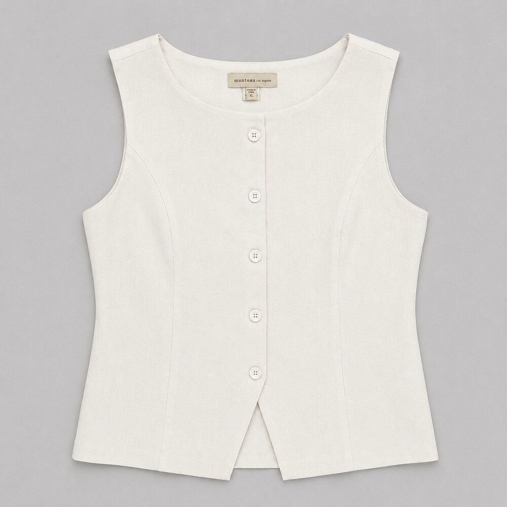 Monteau Rayon Linen Vest Womens XL Ivory Minimalist Coastal Minimalist Quiet Lux